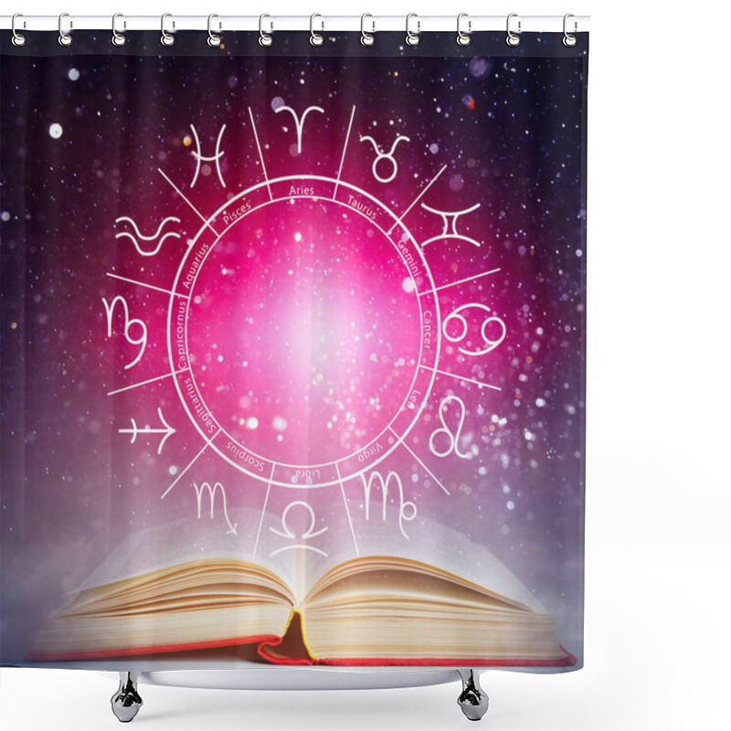 Personality  Open Book, Illustration Of Zodiac Wheel With Astrological Signs And Starry Sky At Night Shower Curtains