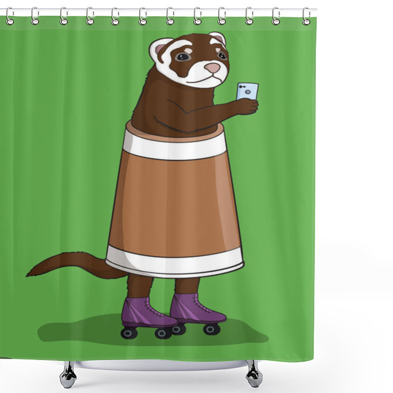 Personality  Illustration Of Cool Ferret With Mobile Phone, Dressed In A Coffee Cup And On Rollers. Can Be Used Like Sticker Or Printing Shower Curtains