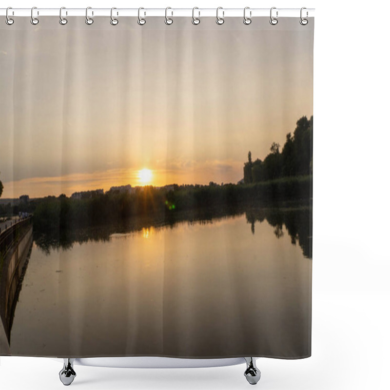 Personality  A Lake With The Sunset In The Background, Casting A Warm Glow Shower Curtains