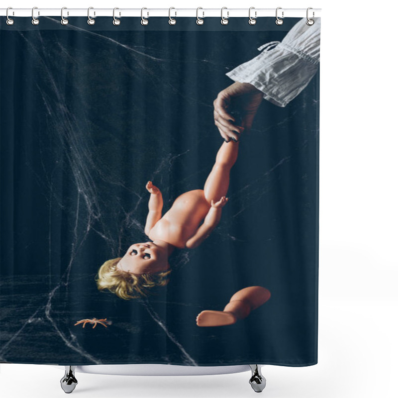 Personality  Partial View Of Scary Woman Holding Creepy Doll In Darkness With Spider Web Shower Curtains