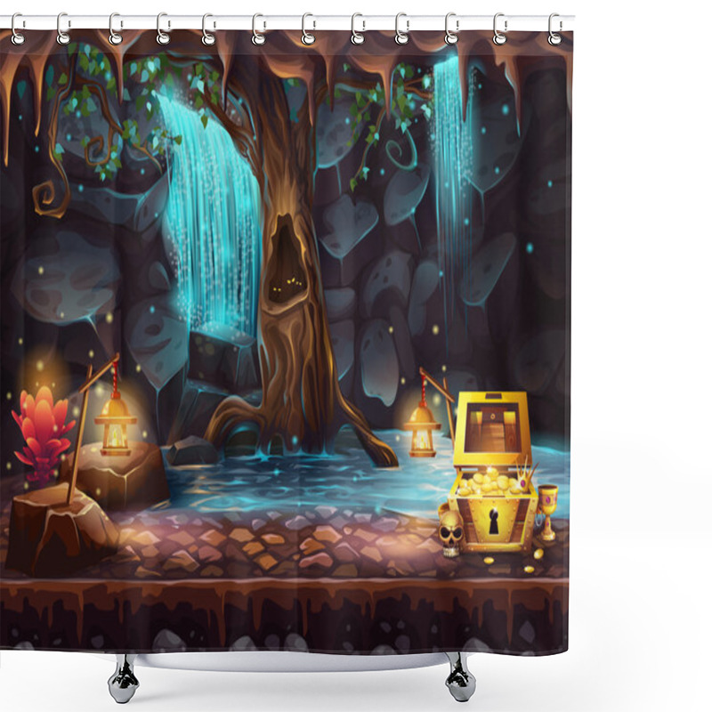 Personality  Fantasy Cave With A Waterfall, Tree, Treasure Chest Shower Curtains