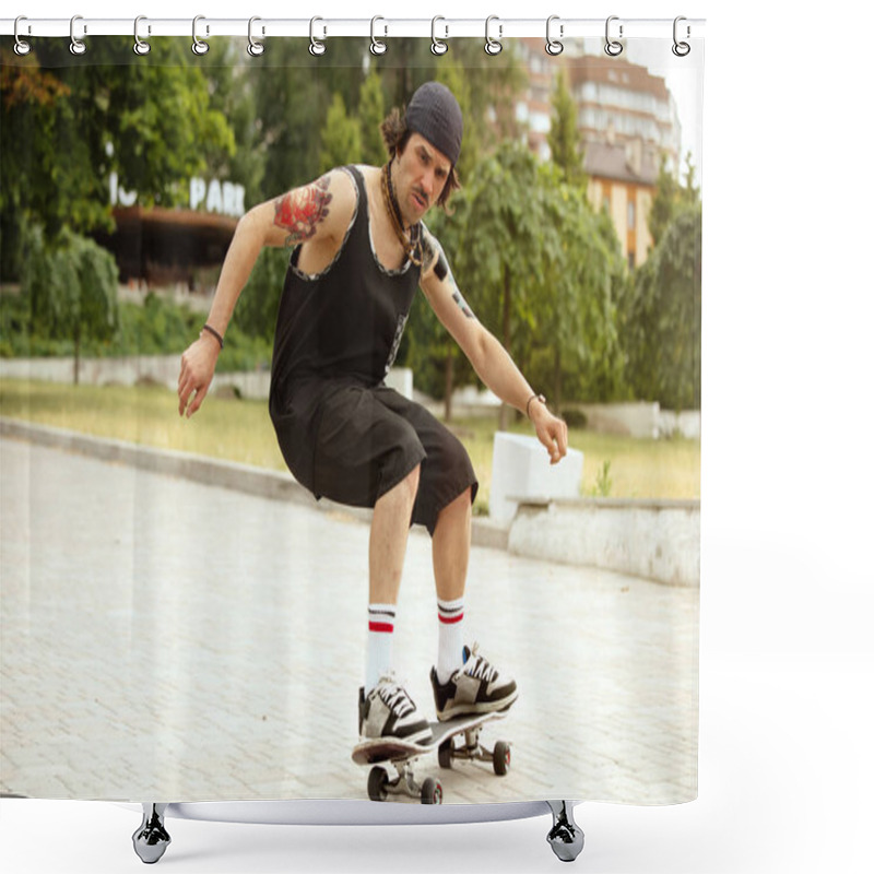 Personality  Skateboarder Doing A Trick At The Citys Street In Cloudly Day Shower Curtains