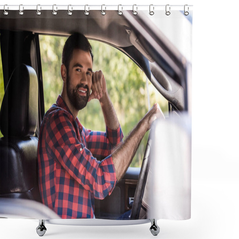 Personality  Smiling Bearded Man Driving Pickup Truck In Forest Shower Curtains