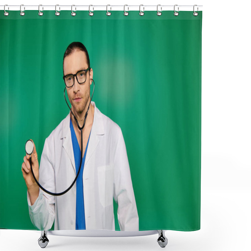 Personality  Handsome Doctor In Lab Coat Holding Stethoscope On Green Backdrop. Shower Curtains