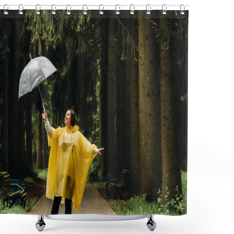 Personality  A Woman In A Yellow Raincoat And An Umbrella Walks In The Park And Garden In Summer. Shower Curtains