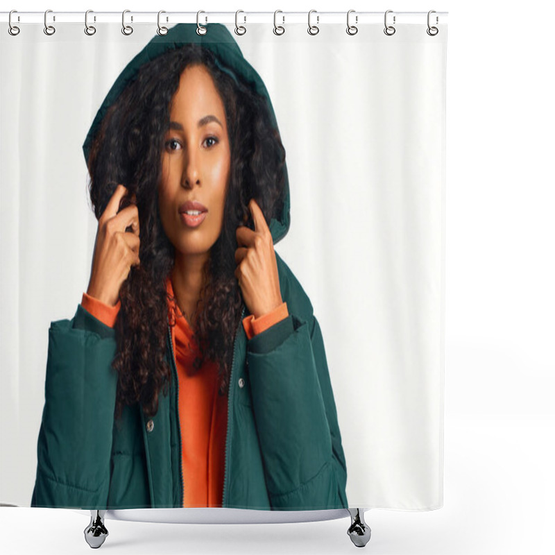 Personality  A Graceful Woman Styles A Cozy Green Jacket With Elegant Fashion. Shower Curtains