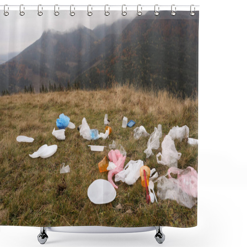 Personality  Plastic Garbage Scattered On Grass In Nature Shower Curtains