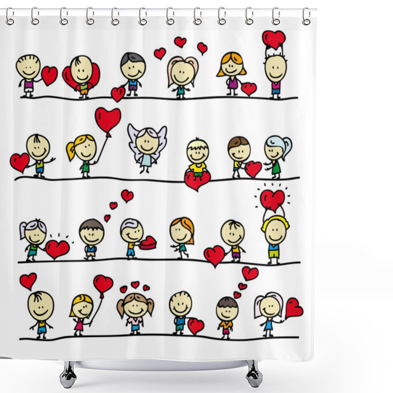 Personality  Set Of Borders With Doodle Happy Children With Love Valentine Hearts Shower Curtains