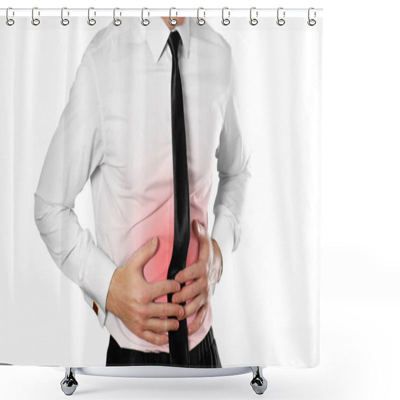 Personality  Businessman In A White Shirt And Tie Holding His Stomach. Abdominal Pain. Isolated On White Background. Shower Curtains