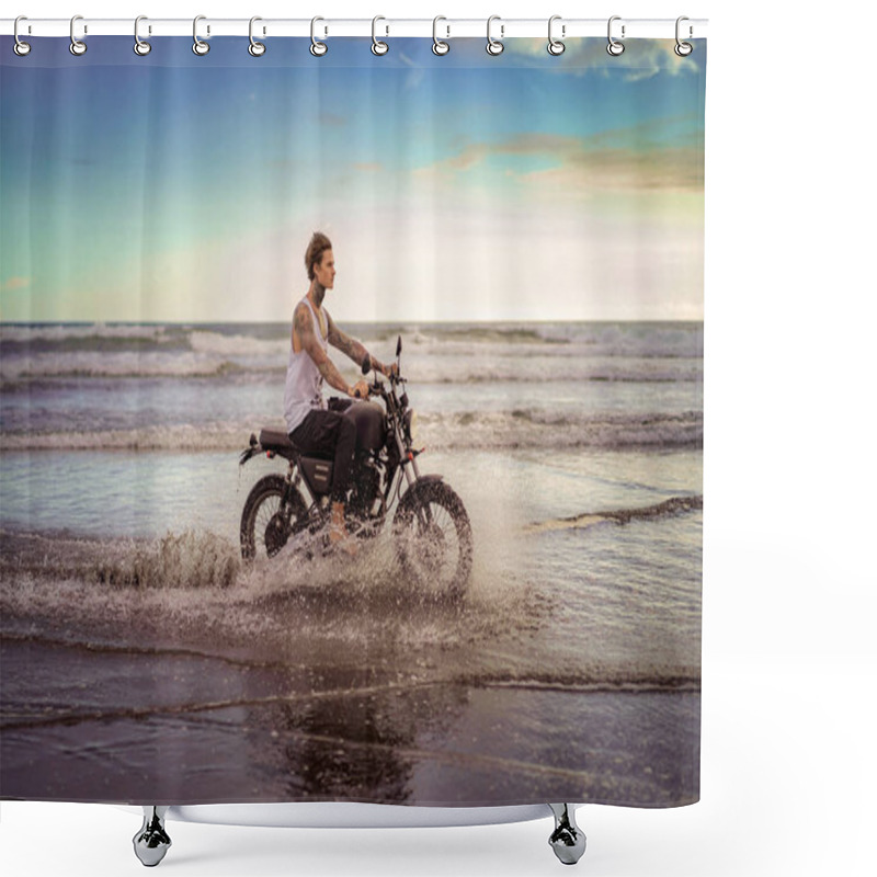 Personality  Side View Of Handsome Tattooed Man Riding Motorcycle In Ocean Waves On Beach Shower Curtains