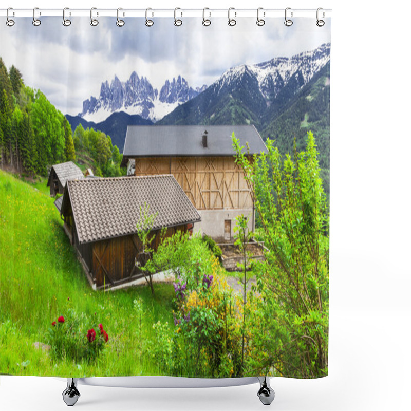 Personality  Alpine Scenery - Farmhouses In  Dolomites Shower Curtains