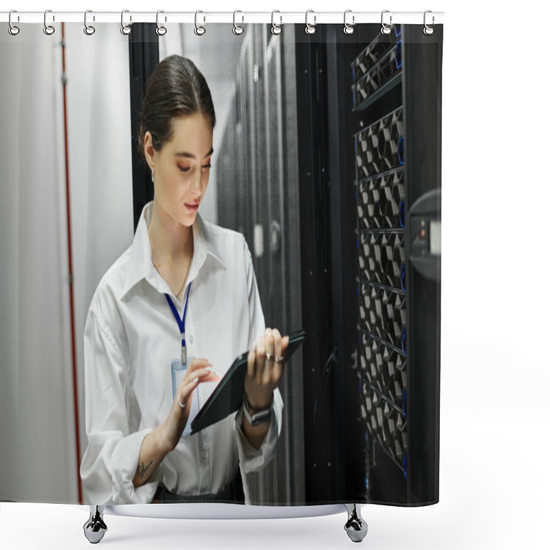 Personality  A Dedicated Woman In A White Shirt Works On A Tablet In A Bustling Server Room. Shower Curtains