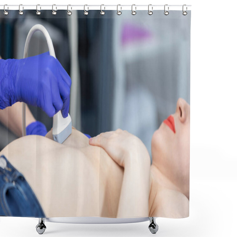 Personality  A Lady Doctor Using Ultrasound Is Examining A Young Patients Breasts. Doctors Office. Shower Curtains