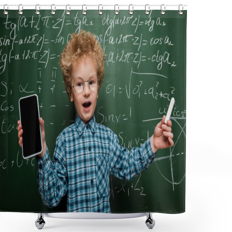 Personality  Cute And Smart Child Holding Smartphone With Blank Screen And Holding Chalk Near Chalkboard With Mathematical Formulas  Shower Curtains