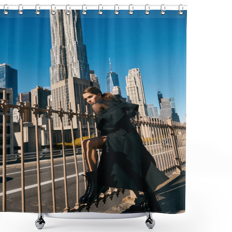 Personality  Young Woman Dances Energetically On NYC Street, Embodying Urban Spirit. Shower Curtains