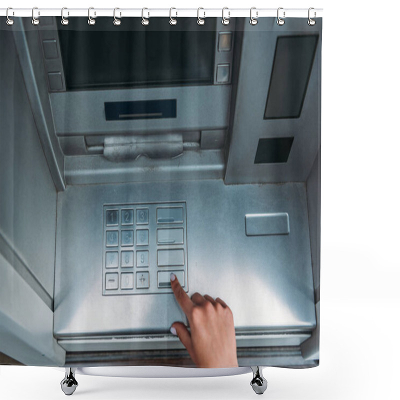 Personality  Top View Of Woman Pushing Button On Atm Machine  Shower Curtains