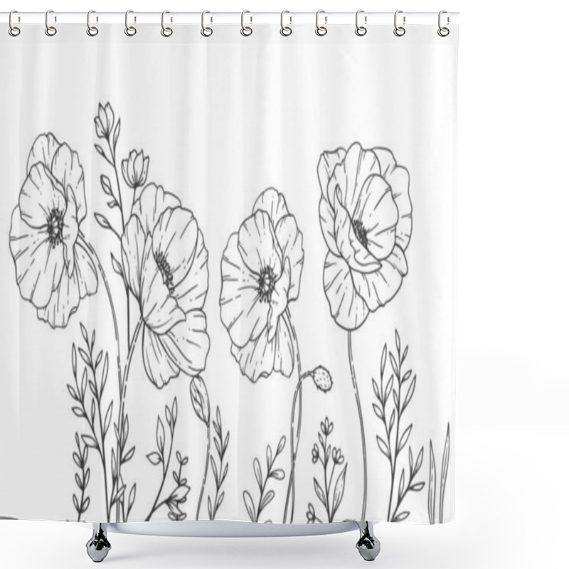 Personality  Floral Frames Line Art, Fine Line Poppy Frames Hand Drawn Illustration. Outline Leaves And Flowers.  Shower Curtains