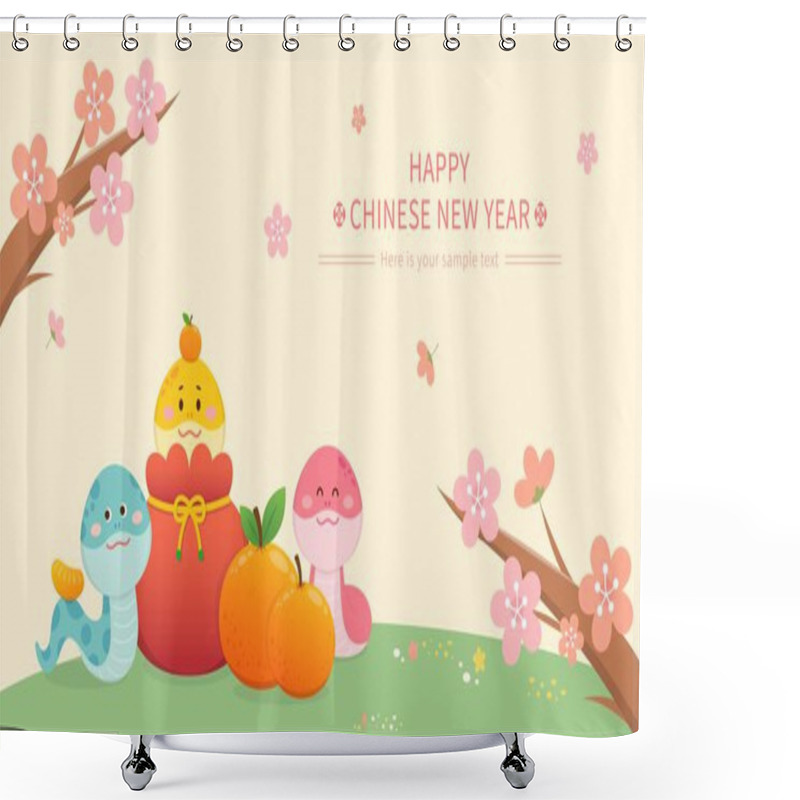 Personality  Chinese New Year With Pink Plum Blossoms And Spring Poster Or Greeting Card, Orange And Red Money Bag With Snake Character Shower Curtains