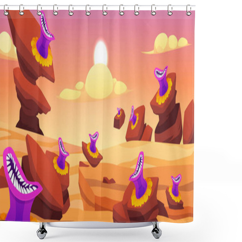 Personality  Fantasy Planet Sunny Landscape With Monster Plant With Trap. Cartoon Magic Dangerous Flowers Predator With Mouth, Teeth And Tongue Sticking Out. Alien Creature On Desert Surface With Rocks Flat Vector Shower Curtains