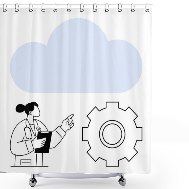 Personality  Female Doctor With Clipboard Pointing At A Cloud Above A Gear Icon. Ideal For Themes On Cloud Computing, Medical Technology, Innovation, Workflow Optimization, Data Management, Health Tech, Abstract Shower Curtains