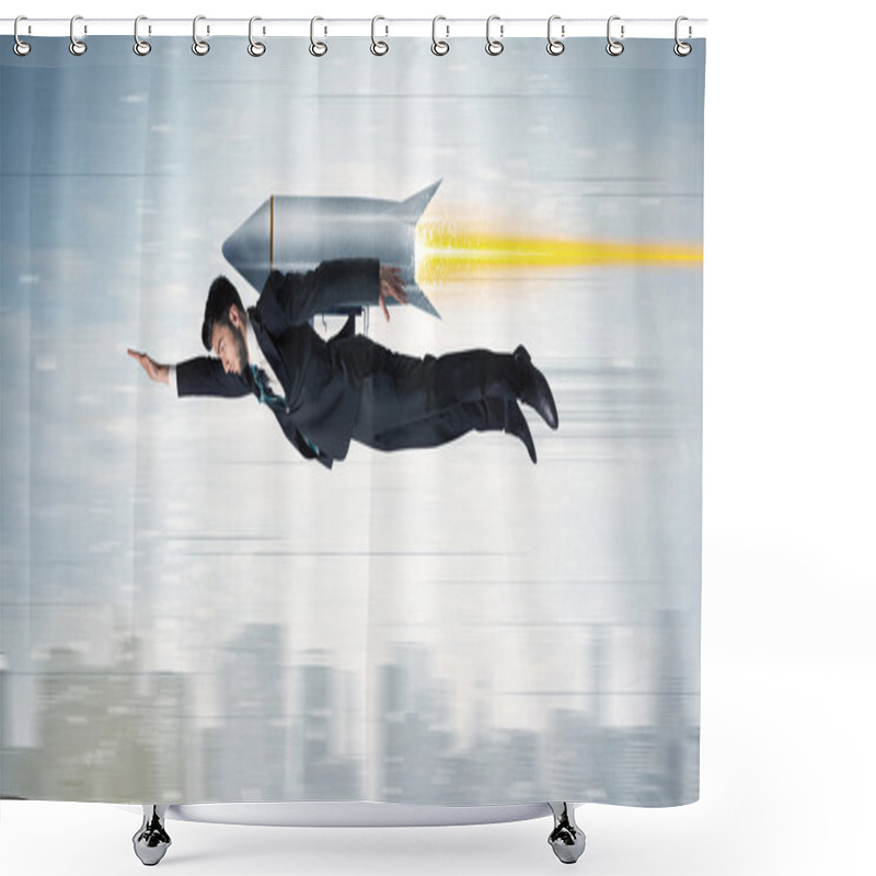 Personality  Superhero Business Man Flying With Jet Pack Rocket Above The Cit Shower Curtains