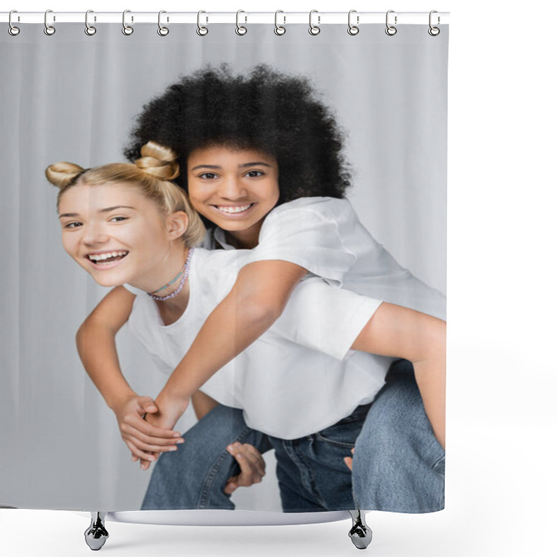 Personality  Cheerful African American Teenage Girl In White T-shirt And Jeans Piggybacking On Blonde Friend And Having Fun Isolated On Grey, Energetic Teenage Models Spending Time, Friendship And Companionship Shower Curtains