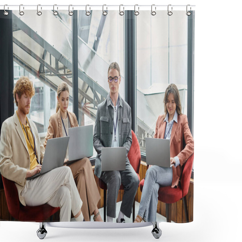 Personality  Four Concentrated Team Members Working On Their Laptops With Window On Backdrop, Coworking Concept Shower Curtains