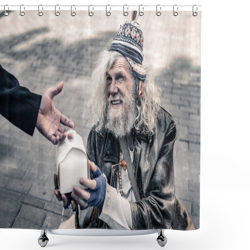 Personality  Dirty Grey-haired Senior Homeless Wearing Ragged Clothes And Receiving Food Shower Curtains