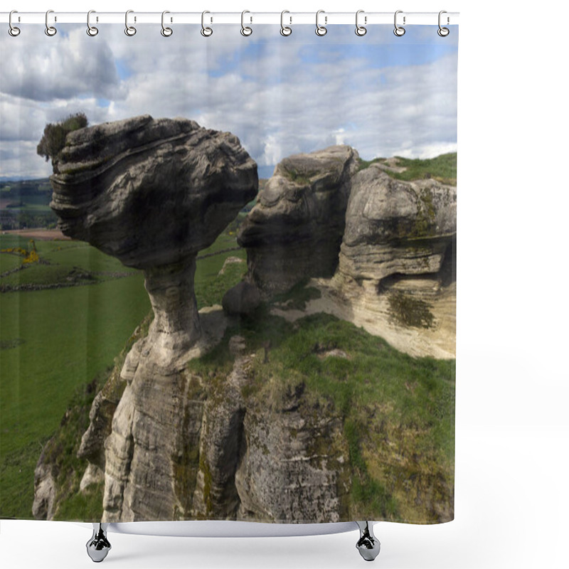 Personality  The Bunnet Stane Is A Rock Formation Near The Hamlet Of Gateside In Fife, At The Foot Of West Lomond. It Sits Upon One Of The Calciferous Sandstone Outcrops Of The Old Red Sandstone Suie That Exist Around The Base Of The Lomond Hills. Scotland. U.K. Shower Curtains