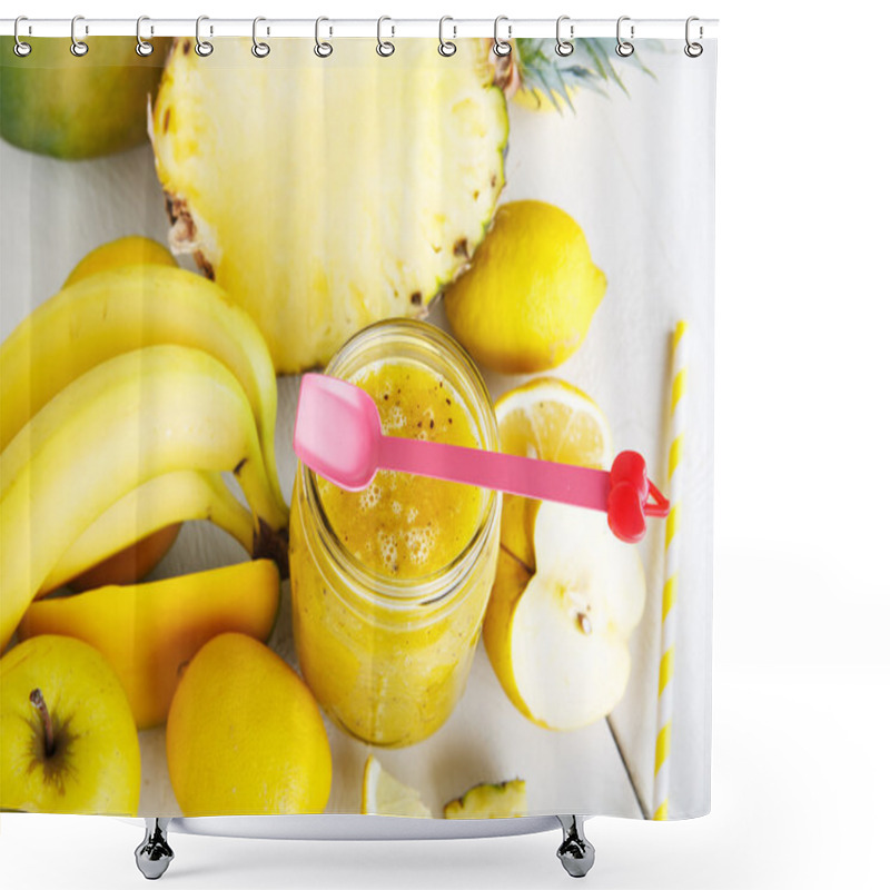 Personality  Fresh Organic Yellow Smoothie With Banana, Apple, Mango, Pear, P Shower Curtains