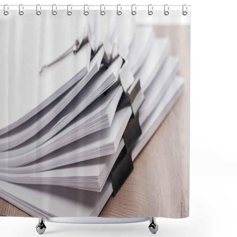 Personality  Close Up View Of Stacks Of Blank Paper With Metal Binder Clips  Shower Curtains