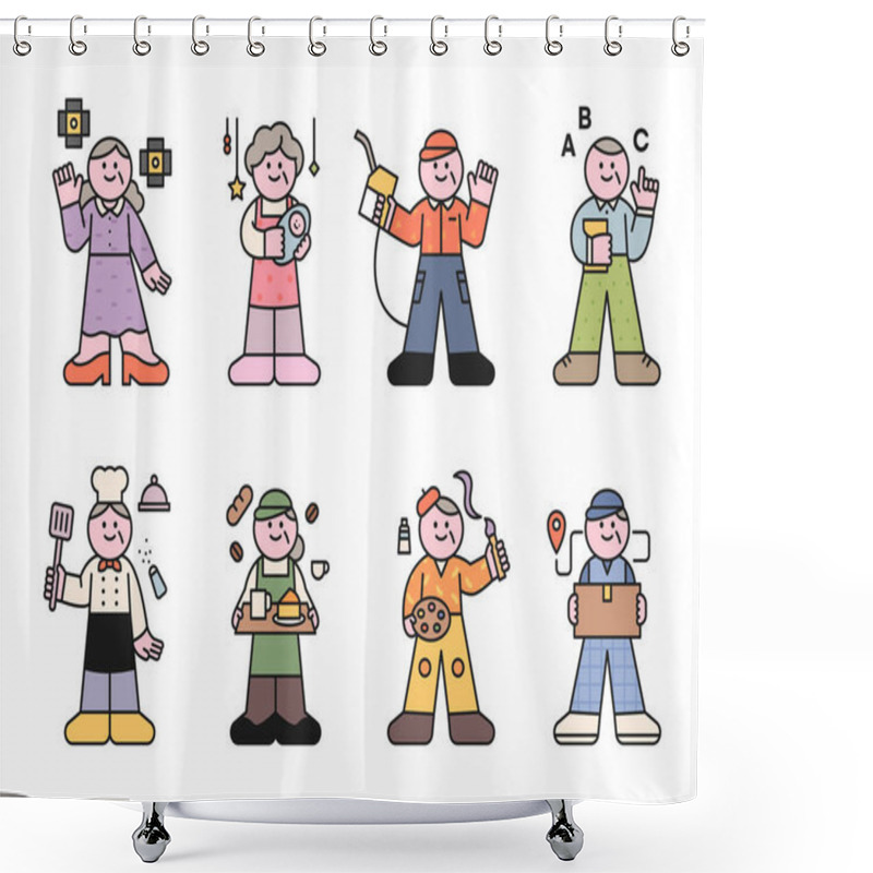 Personality   Small And Cute Characters. Collection Of People In Uniforms For Seniors Job Welfare. Outline Simple Vector Illustration. Shower Curtains