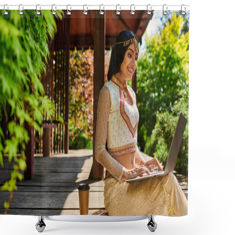 Personality  Summer Park, Happy Ethnic Style Woman Typing On Laptop Near Coffee To Go In Wooden Alcove Shower Curtains