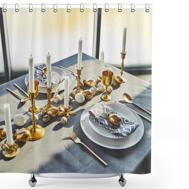 Personality  High Angle View Of Easter Eggs And Candles On Festive Table With Sunlight Shower Curtains