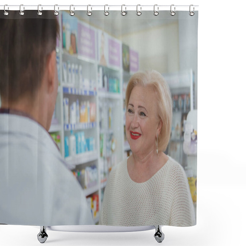 Personality  Lovely Senior Woman Shopping At Drugstore Shower Curtains