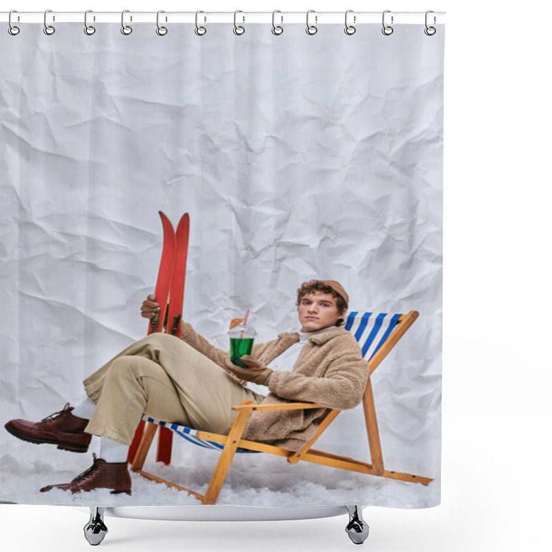 Personality  Trendy Man In Warm Outfit Sitting In Deck Chair With Hot Toddy Cocktail And Drink In Snowy Studio Shower Curtains