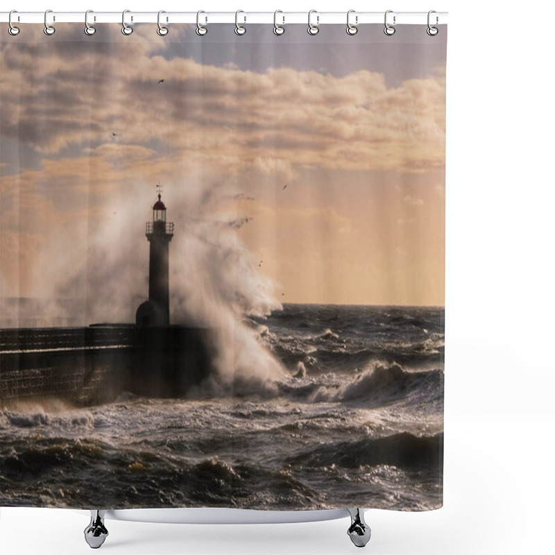 Personality  Wave Against Lighthouse Of Porto, Portugal, In The Sunset Light Shower Curtains