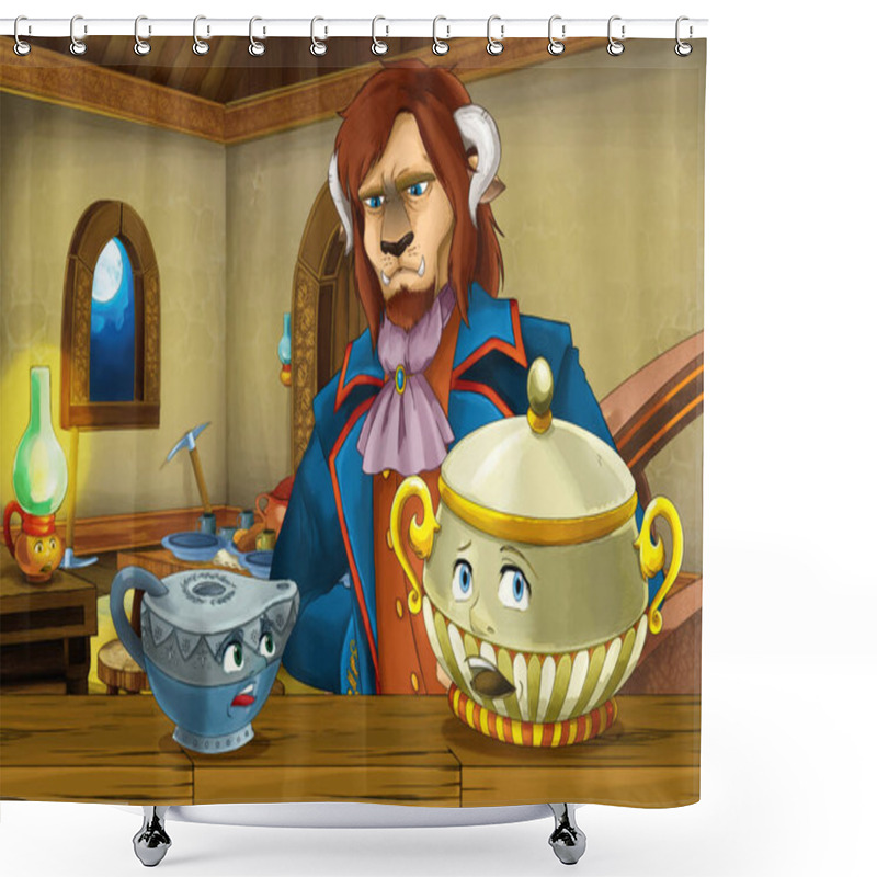 Personality  Cartoon Scene With Old Traditional Kitchen With Magical Living Dishes And Enchanted Prince - Illustration For Children Shower Curtains