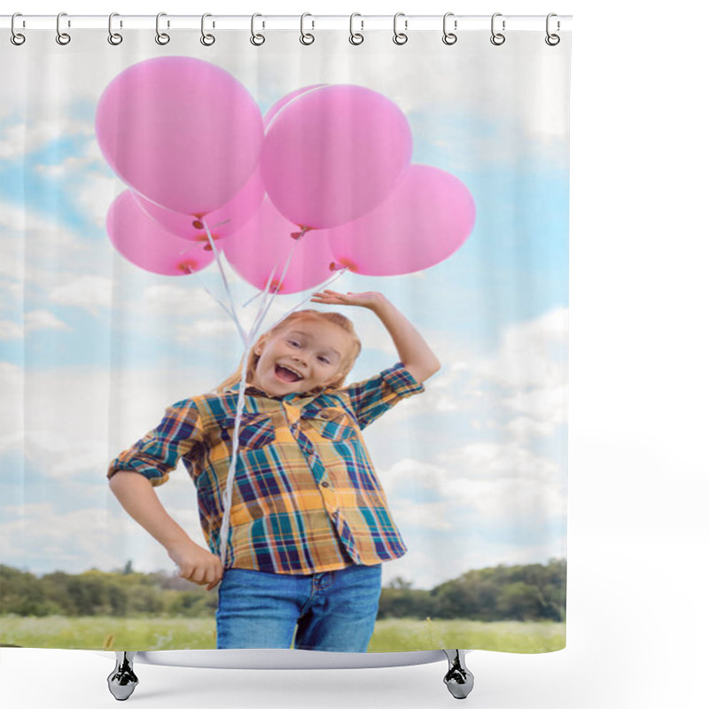 Personality  Low Angle View Of Cute Child With Pink Balloons In Summer Field With Blue Cloudy Sky On Background Shower Curtains