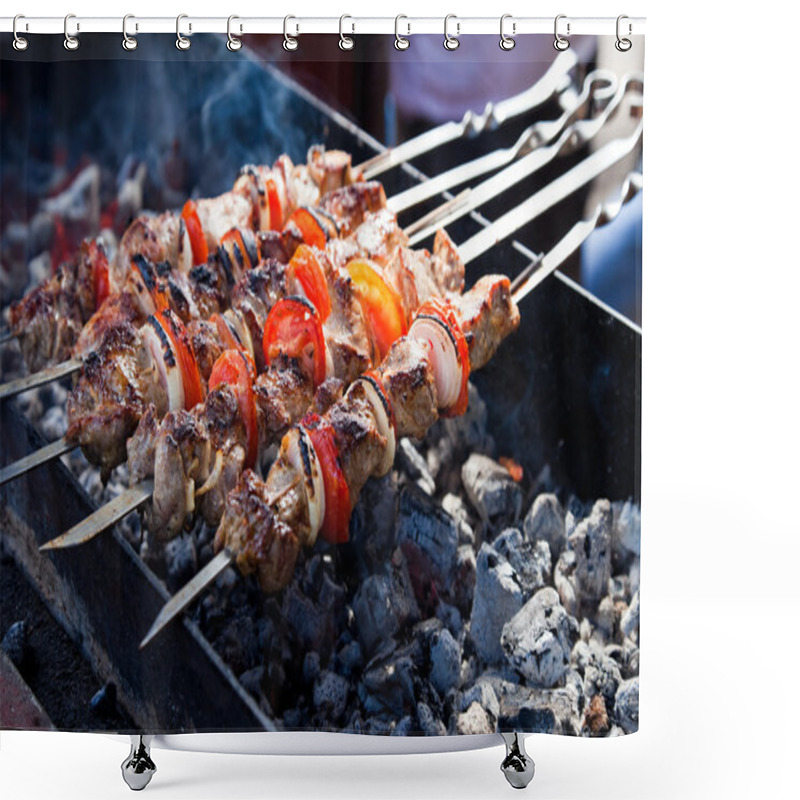 Personality  Juicy Slices Of Meat With Sauce Prepare On Fire (shish Kebab). Shower Curtains