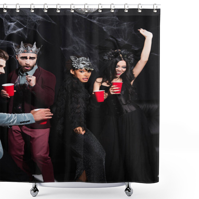 Personality  African American Woman In Wolf Mask Looking At Camera While Dancing With Excited Multiethnic Friends On Black   Shower Curtains