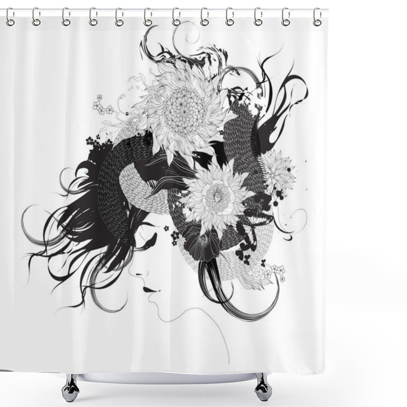 Personality  Girl With Flowers Black And White Shower Curtains