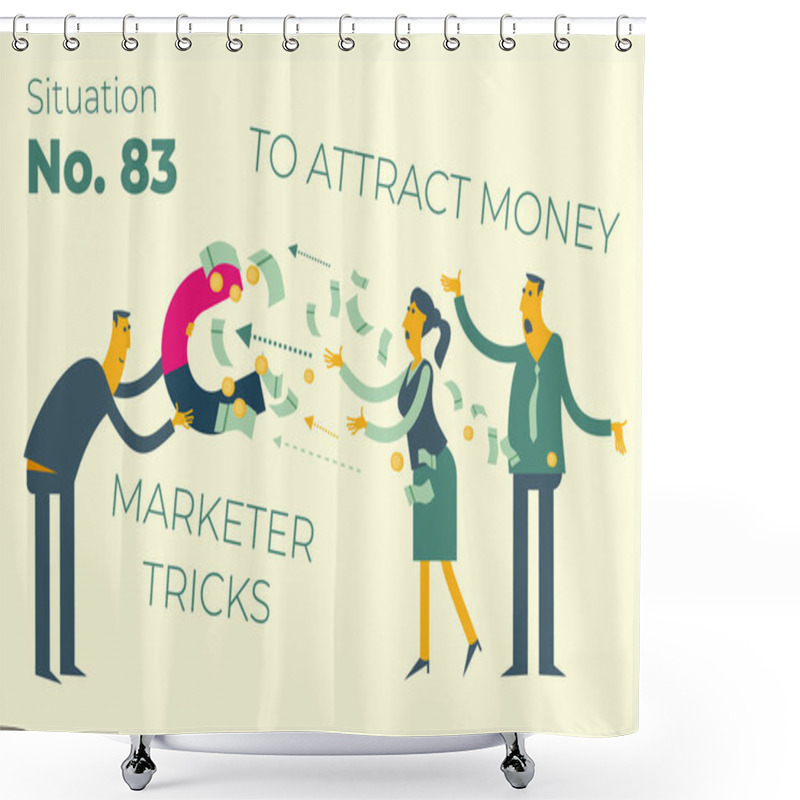 Personality  Flat Illustration Design For Presentation, Web, Landing Page, Infographics: Cartoon Characters Men Businessmen And Women, Magnet Attracts Money. Financial Fraud, The Fraudster Takes The Money. Shower Curtains