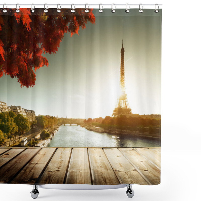 Personality  Wooden Deck Table And Eiffel Tower In Autumn Shower Curtains