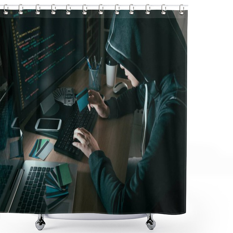 Personality  High Angle View Photo Of Hacker Using Computer  Shower Curtains