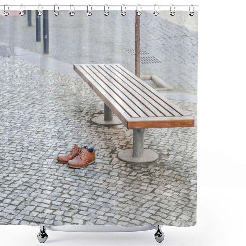 Personality  Brown Leather Shoes On A Cobblestone Pavement Next To A Bench In An Urban Setting. Shower Curtains