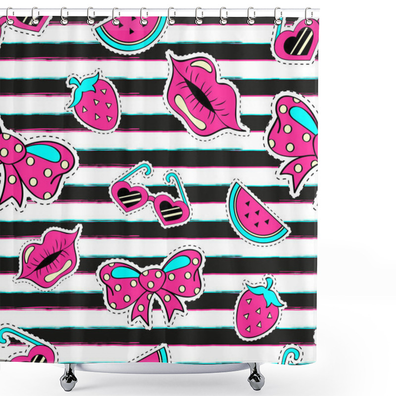 Personality  Fashion Girlish Seamless Pattern With Hearts, Lips, Strawberry, Watermelon, Sunglasses, Bow. Striped Background In Cartoon 80s-90s Comic Style Shower Curtains