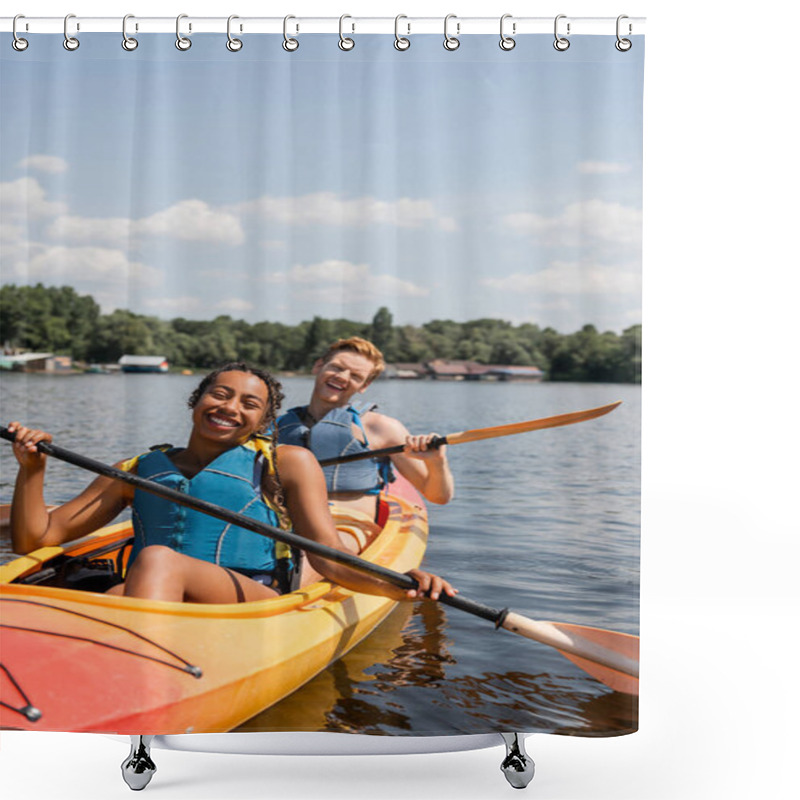 Personality  Excited Multiethnic Couple In Life Vests Spending Summer Weekend On Picturesque Lake While Paddling In Sportive Kayak Under Blue Sky With White Clouds Shower Curtains