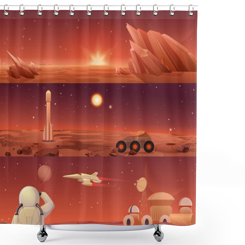 Personality  Red Planet Mars Colonization And Exploration. Galaxy Mars Landascape With Rover, Rocket Shuttle, Spacecraft And Colony City Base With Astronaut Horisontal Templates Banners. Shower Curtains