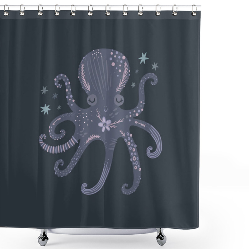 Personality  Nursery Poster With Cute Animal, Kids Wall Art With Octopus And Flower. Sea Inhabitants. Children Print Shower Curtains